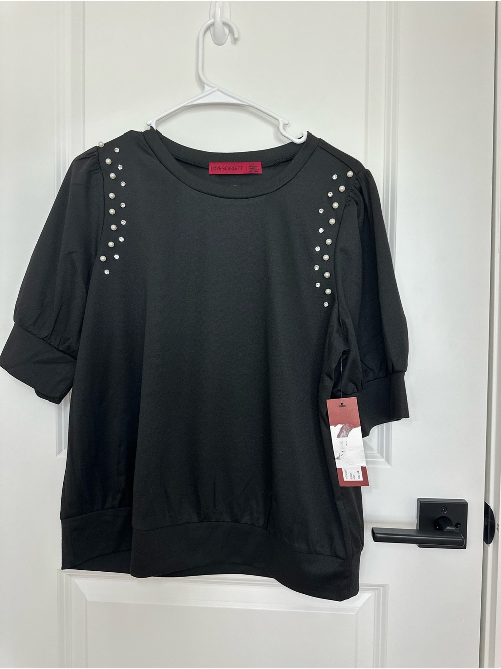 Love Scarlett Black Pearl-Embellished Puff Sleeve Tee